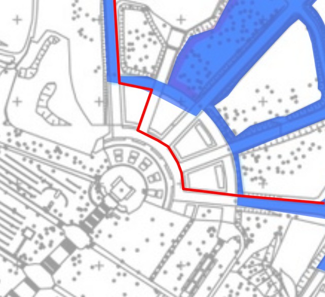 Mapka Cytadeli, z zaznaczonym płotem, który nie pokrywa się z obszarem, jaki miał być na park
